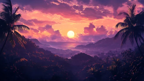 Lush twilight tropics cradle a neon-soaked ocean sunset.