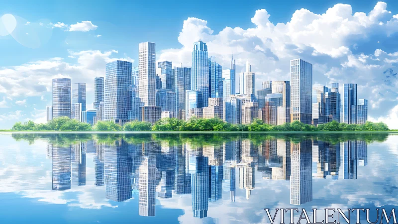 Urban skyline reflects sharply on calm waterfront surface