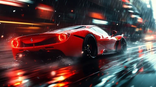 Red supercar racing through wet neon city streets at night.