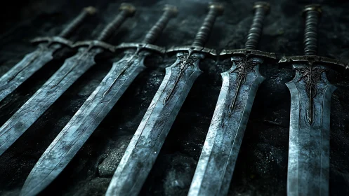 Row of engraved broadswords on dark textured surface.
