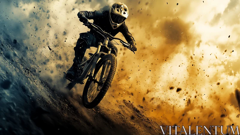 Mountain biker descending dirt slope with flying debris.