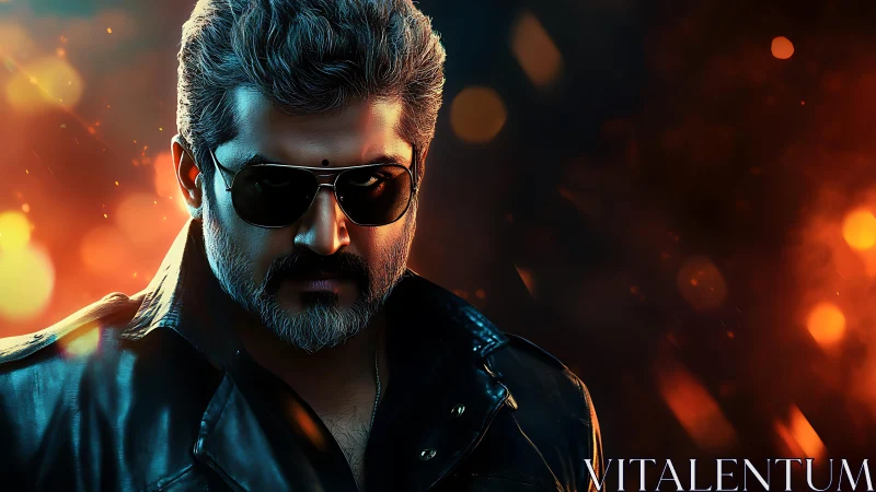 Smoldering noir rebel in shades against molten bokeh blaze.