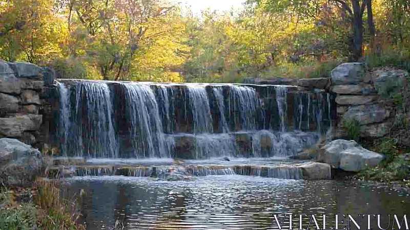 Serene woodland waterfall with stone cascade in autumn sunlight.
