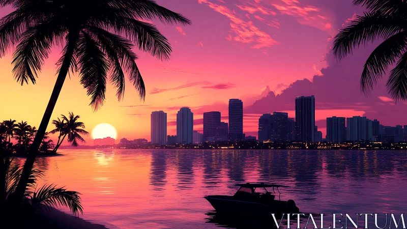 Neon sunset harbor skyline with lazy palms and quiet boat.