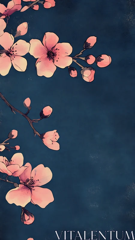 Delicate Cherry Blossoms Against Deep Indigo Background with Botanical Precision