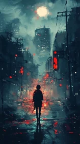 Solitary figure on wet city street under full moon at night.