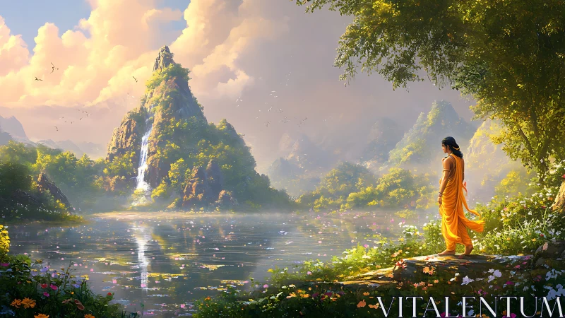 Figure in orange robe observes misty lake and waterfall