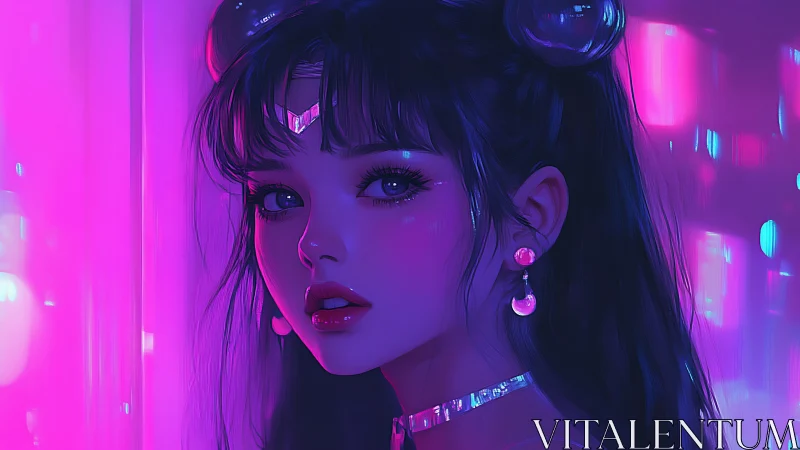 Neon-lit anime portrait with prismatic bokeh background design.