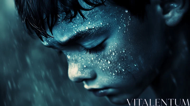 Boy&rsquo;s profile in close-up under rain with wet skin droplets