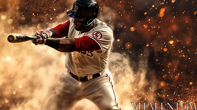 Powerful baseball batter swings amid glowing stadium dust