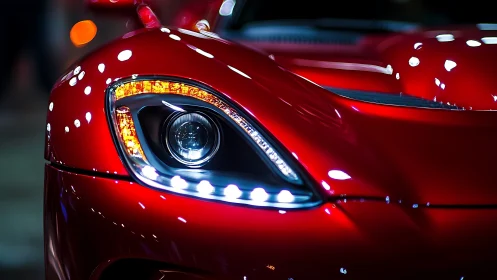 Crimson supercar headlight gleams in electric showroom glow.