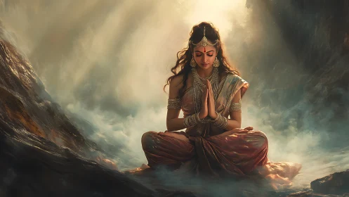 Meditative goddess figure in ethereal backlit mountain mist