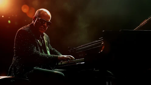 Golden stage lights embrace a soulful piano performance