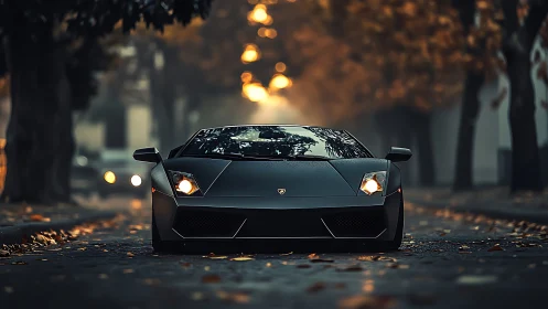 Matte black supercar in moody autumn street perspective.