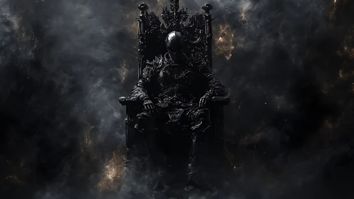Dark armored sovereign seated in baroque throne of smoke.