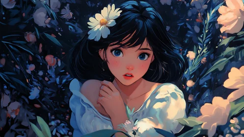 Girl with dark hair and white dress in dense floral field.