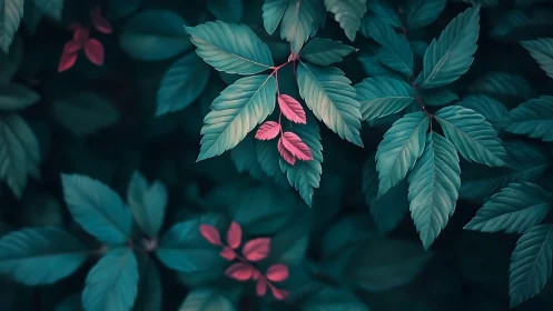 Emerald foliage cradles whimsical pink leaves in twilight hush.