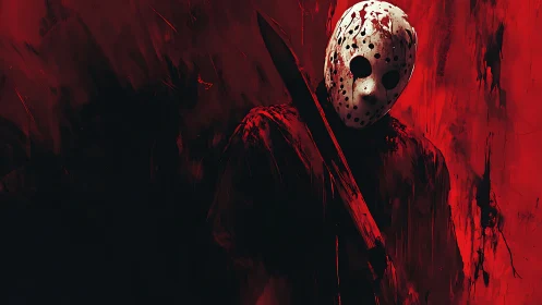 Masked figure with large blade stands in red abstract space