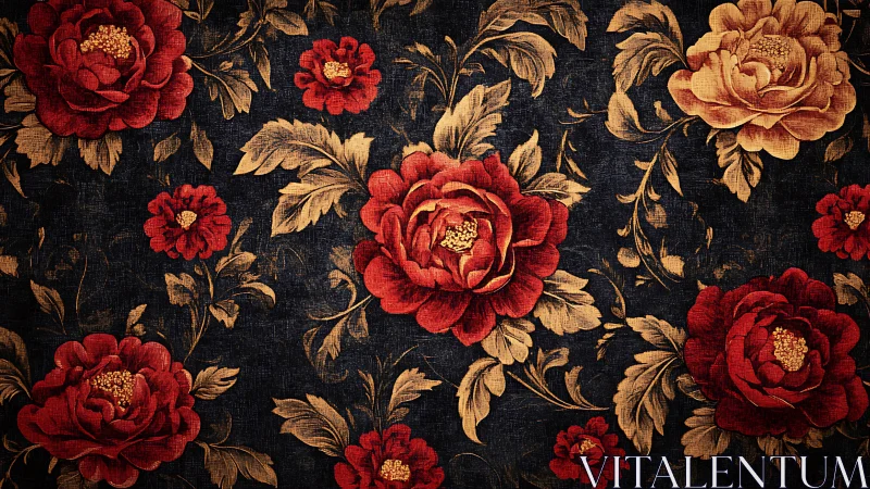 Vintage peony blooms on deep navy textile tapestry.