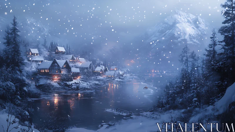 Snow-laden alpine village with illuminated cabins beside frozen river