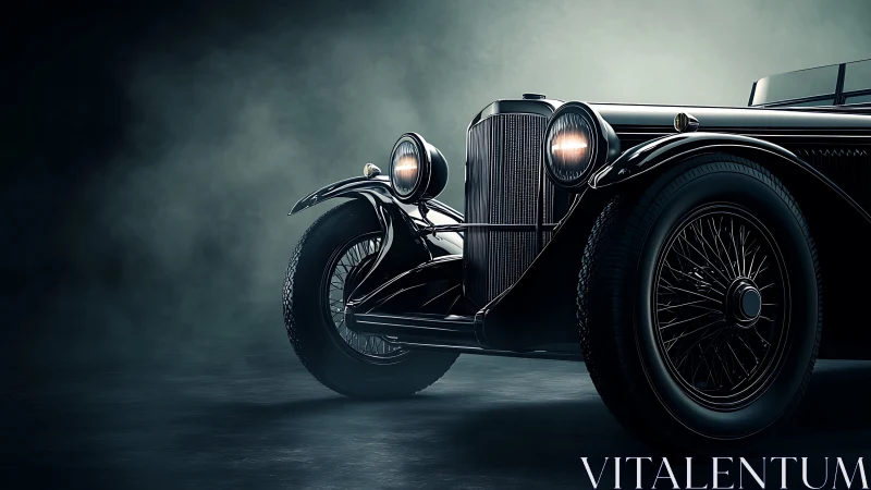 Vintage black roadster front end shows detailed lighting
