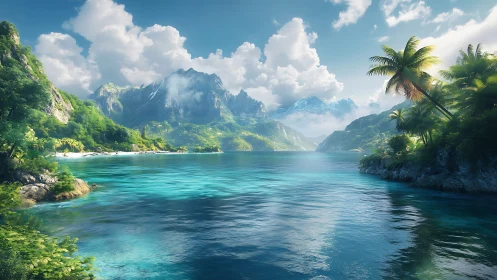 Tropical fjord landscape with turquoise waters and mountain peaks.