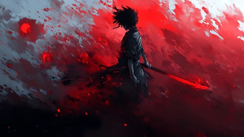 Lone swordsman stands in crimson storm of abstract fire.