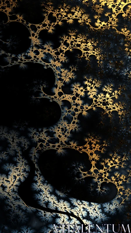 Golden branching fractal against deep black field.