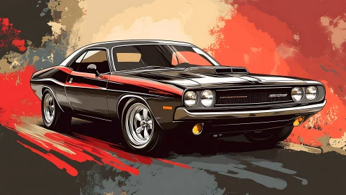 Midnight muscle car streaking through brushstroke thunderstorm.