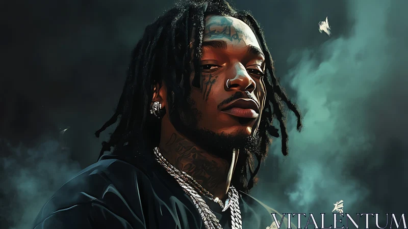 Smoke-crowned portrait of tattooed rapper in teal haze.