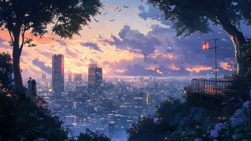 Two figures observe a high rise city at dusk from a hill