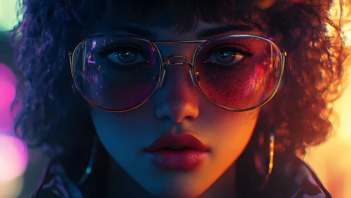 Neon lit portrait of woman with glasses at night scene.