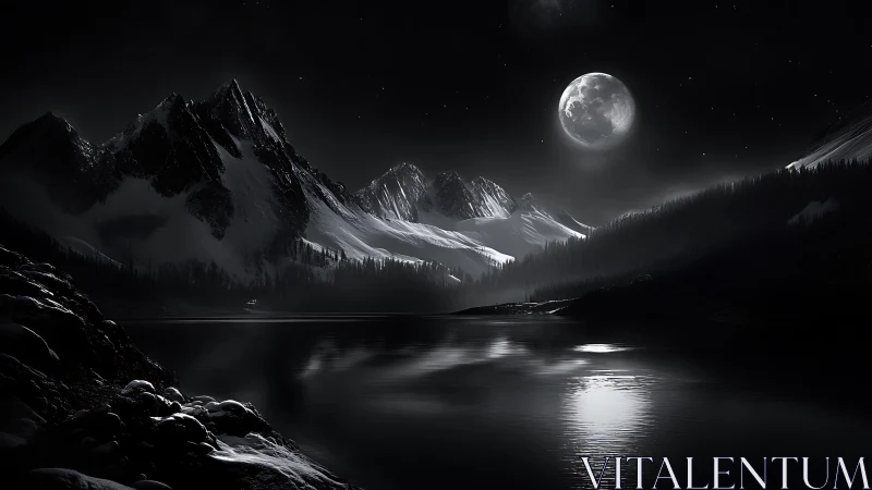 Moonlit alpine ghosts over a silver-black stillwater lake.