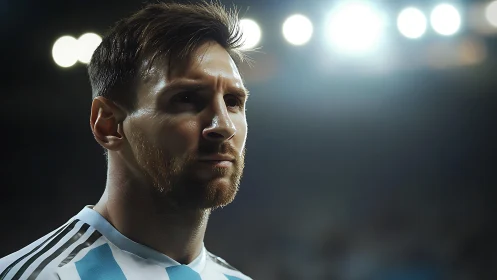 Male football player in striped jersey under stadium lights.
