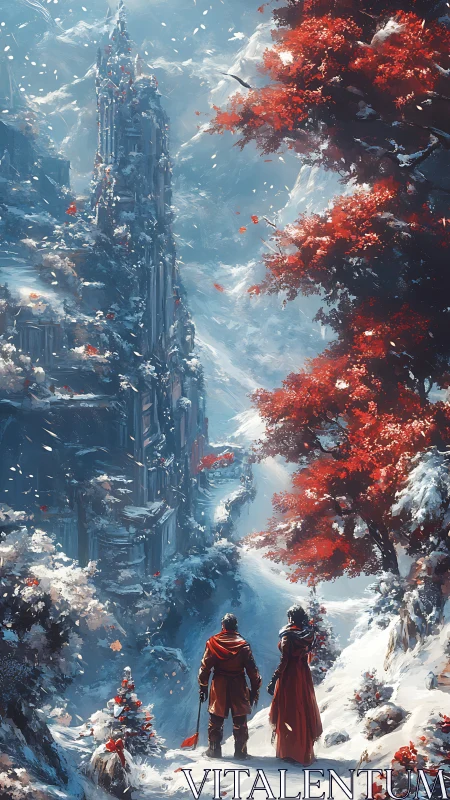 Travelers survey snowbound citadel beneath crimson trees.