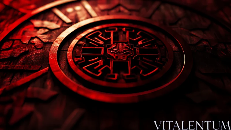 Bold red emblem glows with mysterious carved power