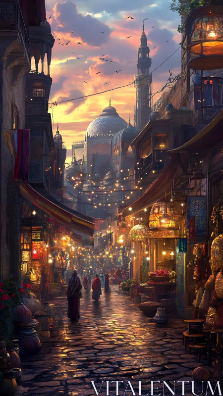 Sunlit domes crown a glowing twilight Middle Eastern bazaar street