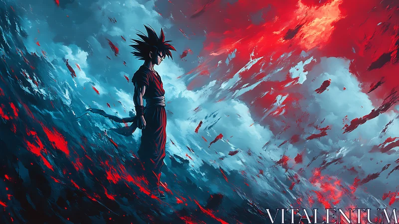 Lone anime warrior amid apocalyptic red and cyan stormscape.
