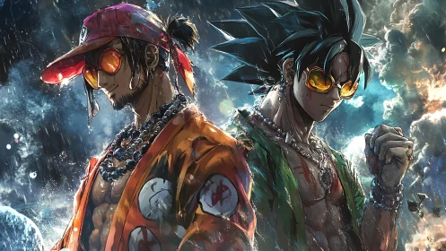 Streetwear anime warriors in storm-lit cosmic backdrop.