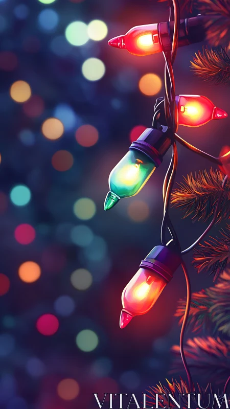 Colorful holiday string lights glow softly in winter dusk