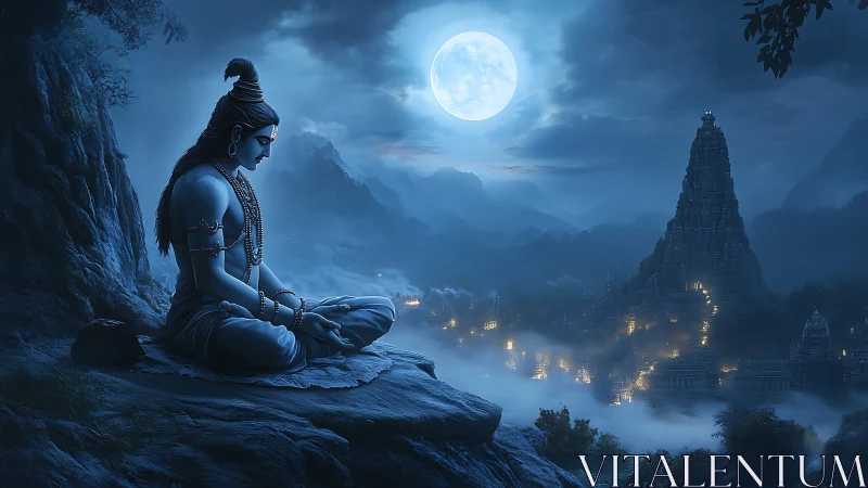 Meditating deity under moonlit sky overlooks sacred valley