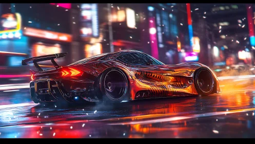 Futuristic orange supercar speeds through neon city street