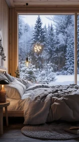Snowy cabin bedroom glows softly beside a winter forest view