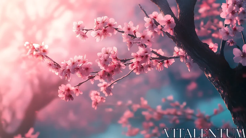 Cherry Blossom Bloom: Soft Focus Pink Petals on Dark Branches