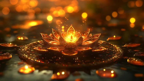 Luminous lotus invents a tiny sun on shimmering night water