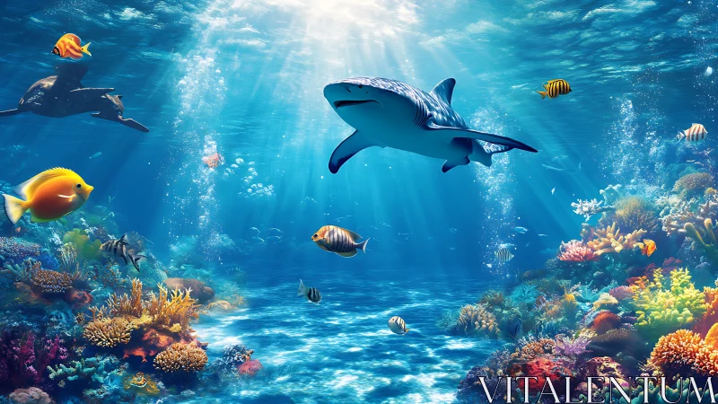 Reef shark swims above colorful coral and tropical fish