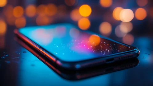 Photorealistic smartphone close-up with neon bokeh illumination.