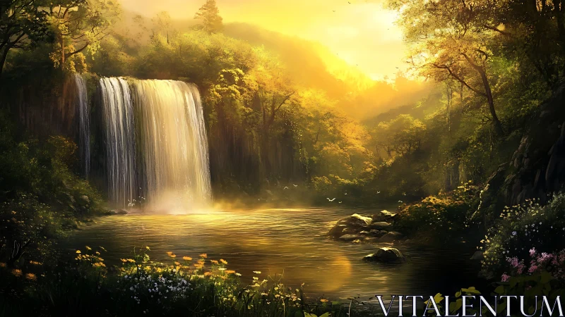 Golden hush over waterfall grove at enchanted sundown.