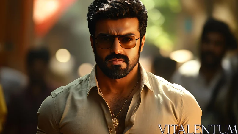 Sunlit street enforcer strides through blurred city heat.