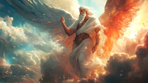 Winged robed figure in clouds with radiant orange light.
